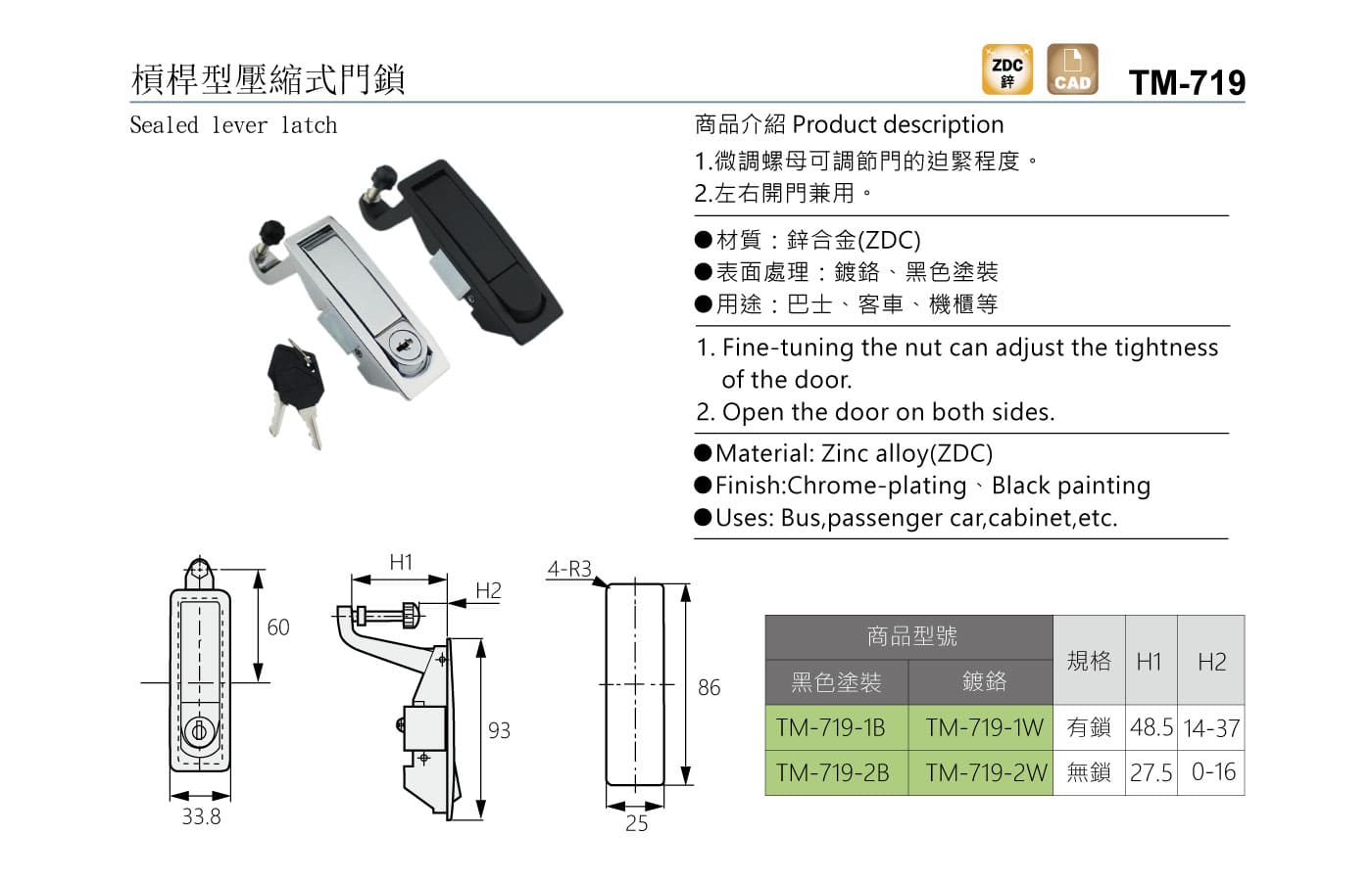 TM-719 槓桿型壓縮式門鎖