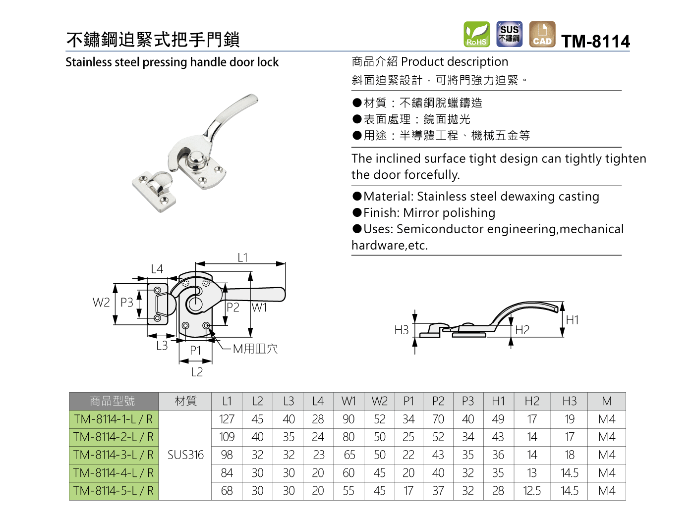 TM-8114 不鏽鋼迫緊式把手門鎖