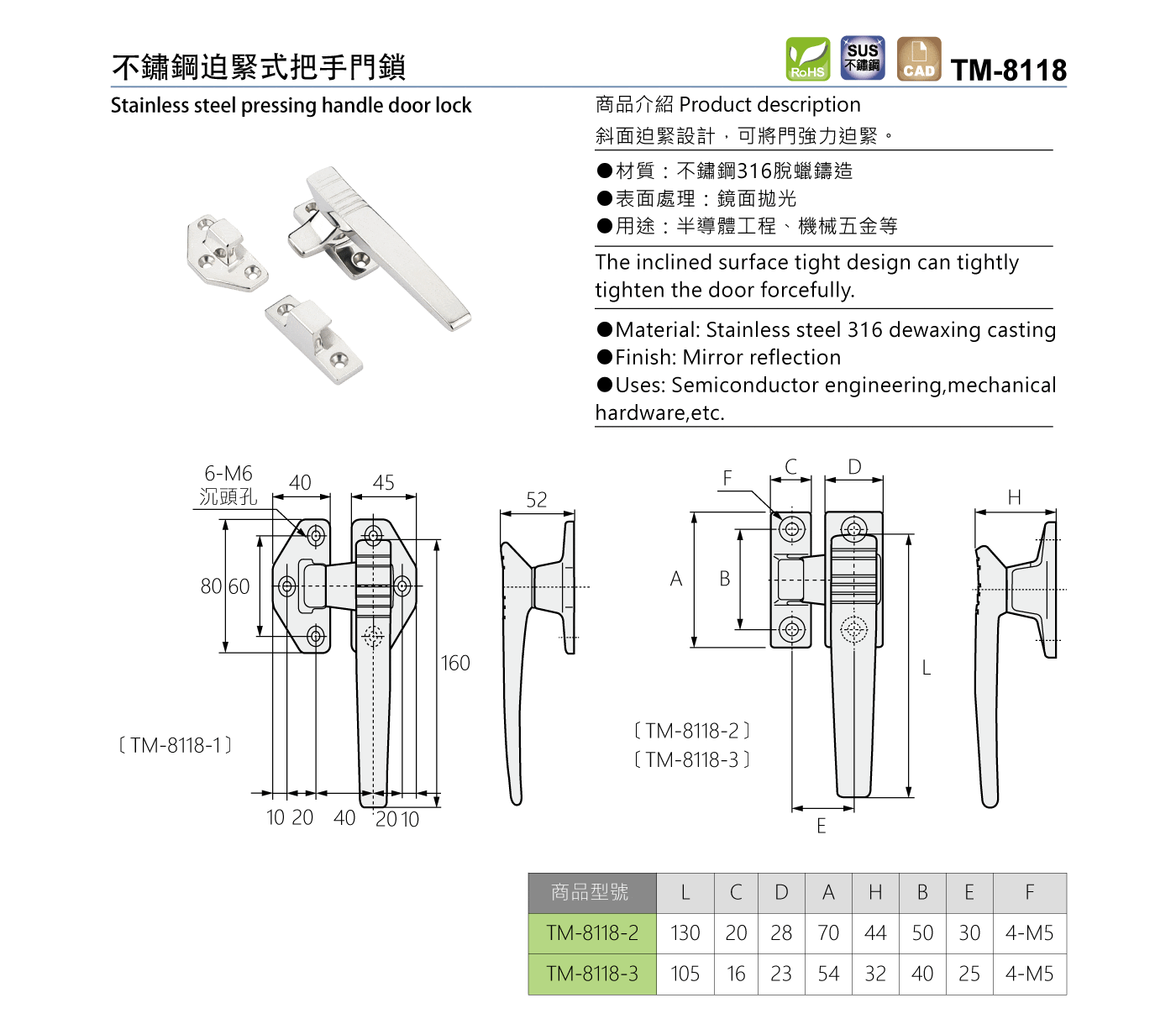 TM-8118 不鏽鋼迫緊式把手門鎖